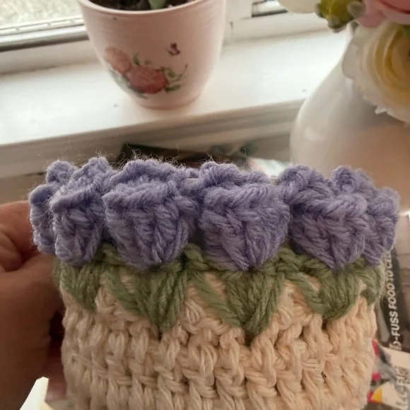 Handmade Crochet Floral Mug Cozy Purple & Green Cottagecore Coffee Cup Sleeve - Picture 4 of 5